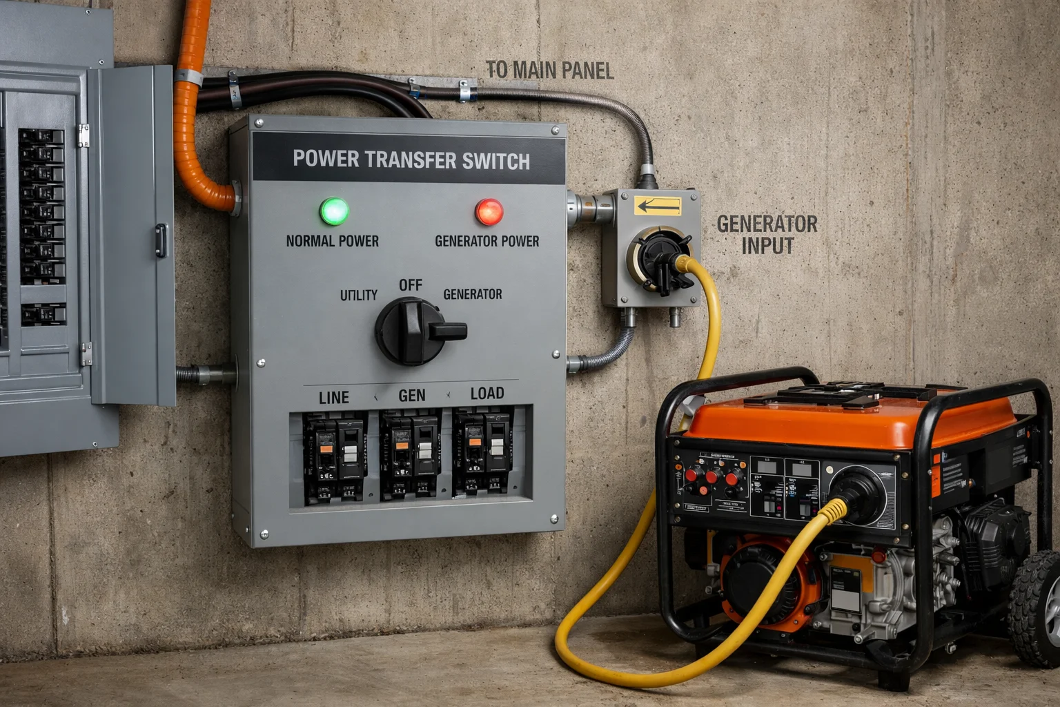 Power transfer switch wired between main panel and portable generator